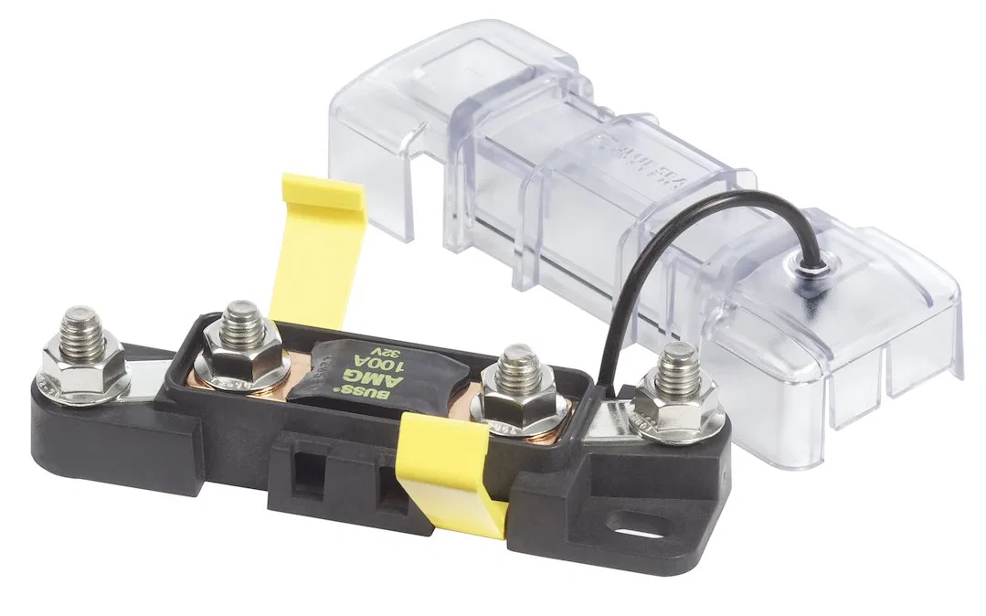 7721-BSS – BLUE SEA Fuse Block, 32 Volts DC 300 Amps Uses MEGA/ AMG Safety Fuse With Protective Cover And 8 Write-On ...